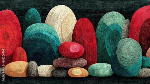   A multi-colored rock painting on a dark canvas, featuring shades of red, white, blue, green, and yellow
