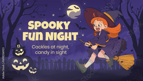 Spooky Night Banner with Witch Kid. Halloween Celebration Scene