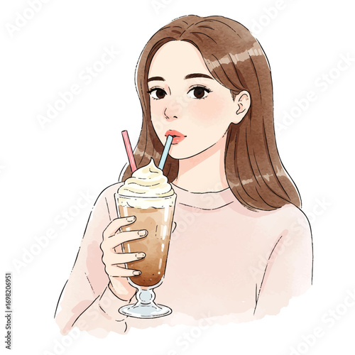 Young woman enjoys a refreshing iced coffee with whipped cream and two straws, frappe day