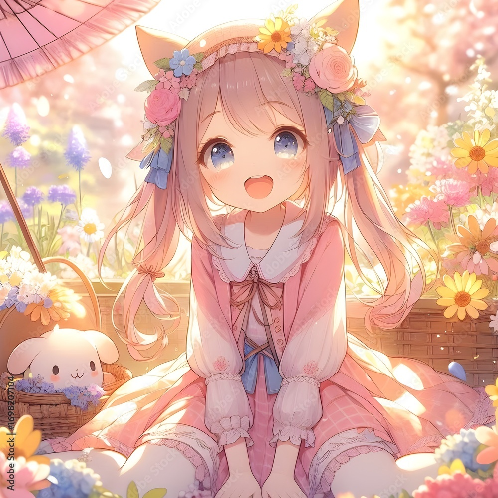 Fototapeta premium Spring Harmony - Pastel Anime Garden Girl Illustration