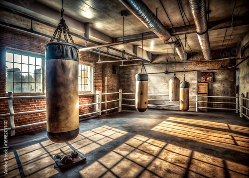 A vintage boxing gym with punching bags hanging in the center, illuminated by sunlight streaming through the windows, creating a nostalgic atmosphere