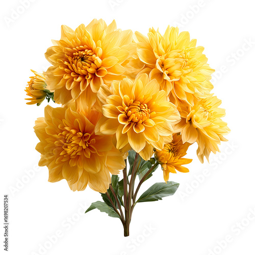 Bright bouquet with yellow flowers, isolated on white background, realistic, studio lighting, centered, no shadow, transparent background