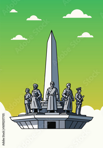 Monument with statues against a green sky and clouds in a stylized illustration