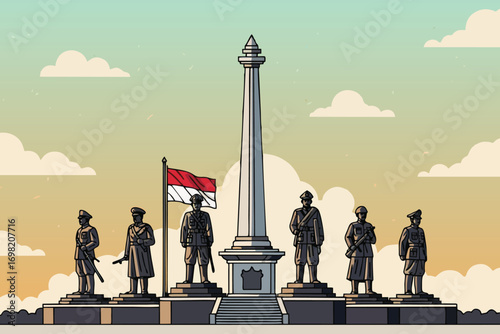 Indonesian national monument with statues and flag against a colorful sky scene
