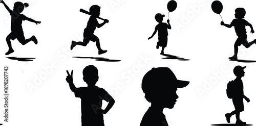Silhouettes of children playing, kids running, baseball player boy, child with balloon, happy childhood moments, outdoor fun, playful kids, energetic children