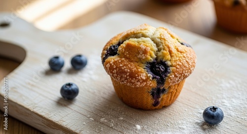 Delicious blueberry muffin topped with sugar crystals and fresh blueberries on a rustic wooden board. Perfect for breakfast, a snack, or dessert.