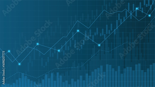 Abstract financial background featuring glowing blue trading chart with candlestick graph, bars and lines, ideal for business finance presentations and digital designs