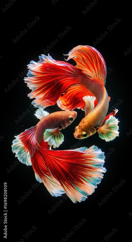 Fototapeta premium A red and orange betta fish moving elegantly with its fins wide open.