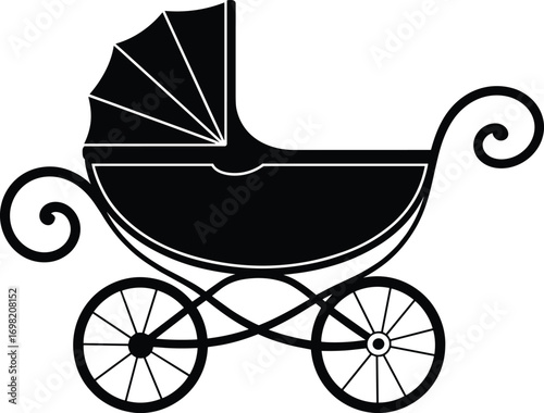 Vintage baby carriage silhouette, classic stroller, old-fashioned pram, antique baby buggy, retro baby stroller, child transportation, baby transport icon