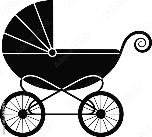 Vintage baby stroller silhouette icon, classic pram clipart, antique carriage illustration for retro nursery design, vector baby carriage graphic