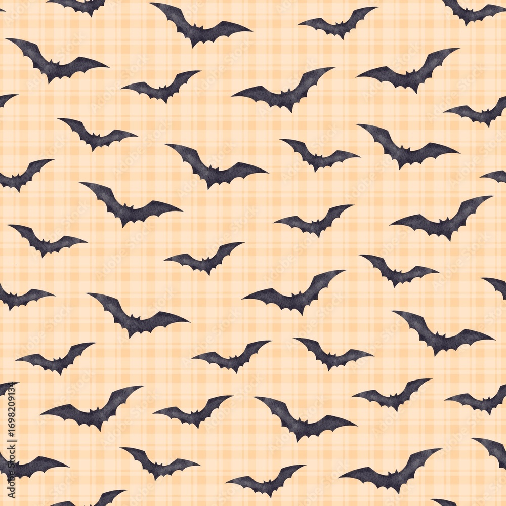 Fototapeta premium Seamless Halloween pattern with dark violet watercolor bats of two sizes on a peach plaid background. Perfect for fabric, textile, wrapping paper, wallpaper, party, decoration, scrapbooking