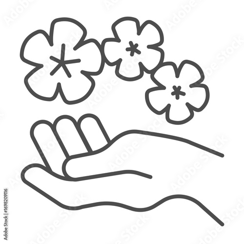 Hand with flowers thin line icon, spa massage concept. Vector graphics. Aroma oil therapy for hands, floral sign on white background, outline style icon for mobile or web design.