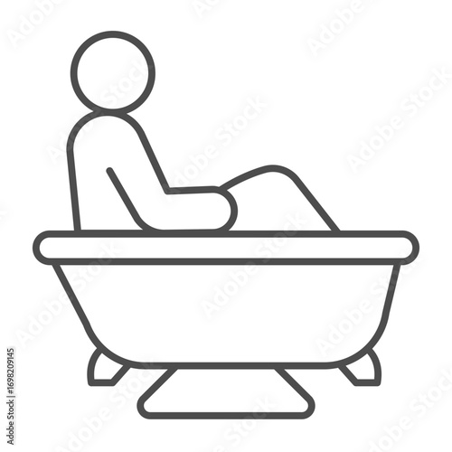 Human in bathtub thin line icon, spa salon concept. Vector graphics. Bathroom with towel and mat, bath time sign on white background, outline style icon for mobile or web design.