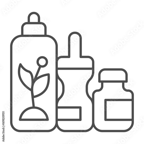 Cosmetics bundle thin line icon, spa massage concept. Vector graphics. Cream, lotion and flower shampoo with aroma oil, bath sign on white background, outline style icon for mobile or web design.