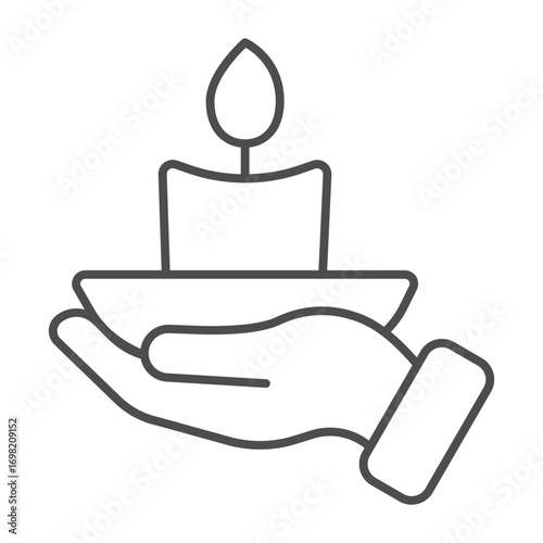 Saucer with wax candles in hand thin line icon, spa salon concept. Vector graphics. Hand with aroma candlelight, therapy sign on white background, outline style icon for mobile or web design.