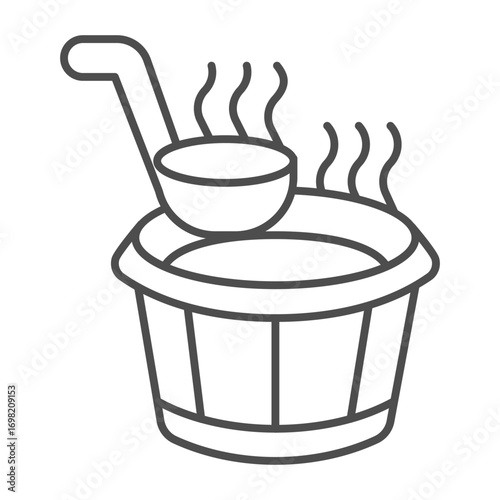 Wooden bucket with water and ladle thin line icon, spa massage concept. Vector graphics. Bucket of hot water, bath time sign on white background, outline style icon for mobile or web design.