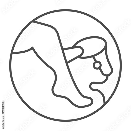 Woman leg skin with depilator tool thin line icon, spa salon concept. Vector graphics. Skin hair depilation process bubble sign on white background, outline style icon for mobile or web design.