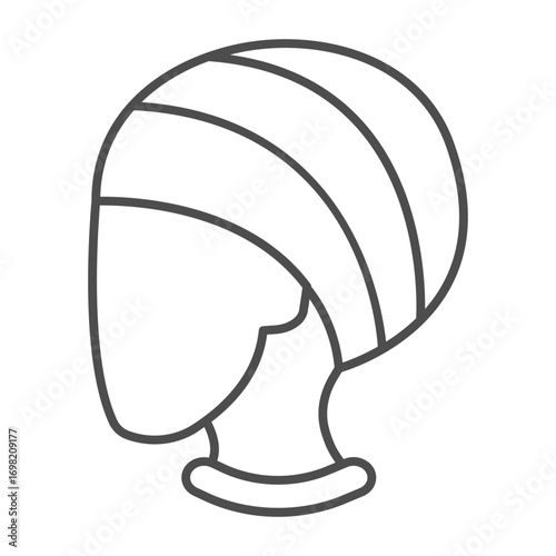 Towel on woman head thin line icon, spa salon concept. Vector graphics. Head with shawl after hair washing, bath time sign on white background, outline style icon for mobile or web design.