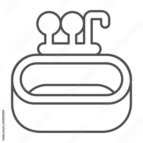 Washbasin thin line icon, spa salon concept. Vector graphics. Ceramic sink with hot and cold water faucet, bath time sign on white background, outline style icon for mobile or web design.