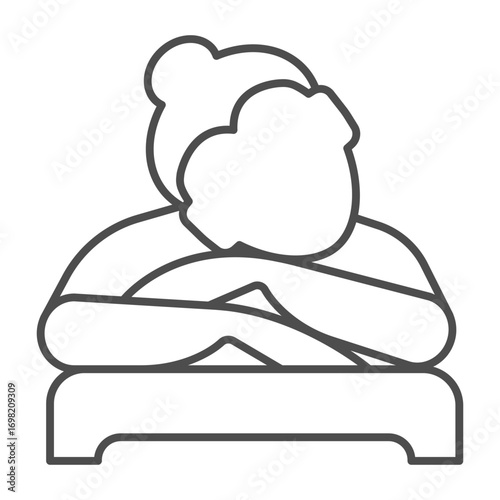 Masseur woman lying on therapy bed thin line icon, spa salon concept. Vector graphics. Girl waiting for massage therapy sign on white background, outline style icon for mobile or web design.