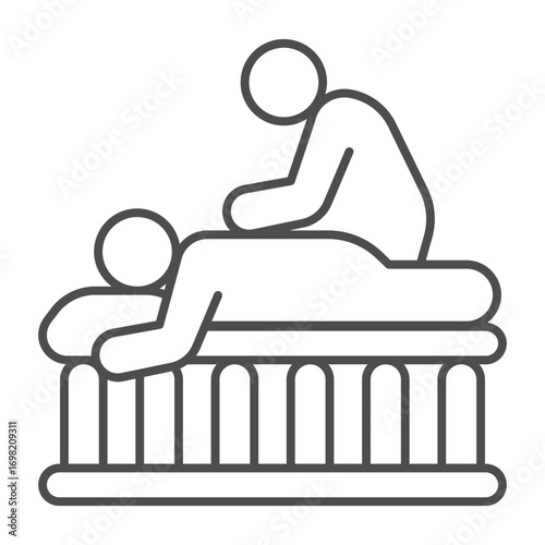 Masseur with man on wooden bed thin line icon, spa massage concept. Vector graphics. Massaging art for client back, therapy sign on white background, outline style icon for mobile or web design.