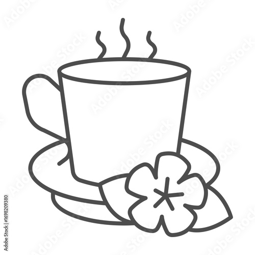 Flower with ceramic cup on saucer thin line icon, spa salon concept. Vector graphics. Scented herbal drink cup, aromatherapy sign on white background, outline style icon for mobile or web design.