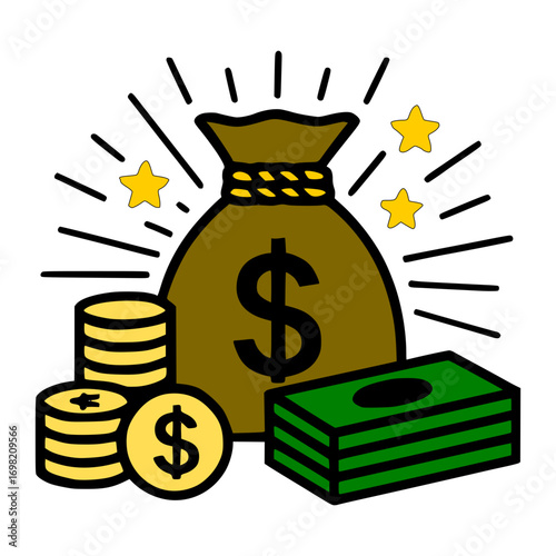 Money abundance and financial success represented by a bag of cash with coins and stars
