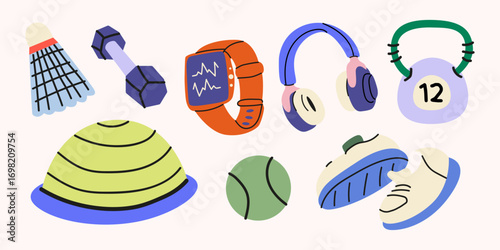 Set of sport equipment in cartoon retro style. Gym accessories, training items. Vector flat fitness elements. Dumbbells, kettlebell, ball, sneakers, fitness hemisphere