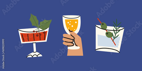 Christmas retro festive elements in flat style. Vintage alcoholic cocktails, cake, gift box. Winter vector hand drawn stickers in cartoon groovy style