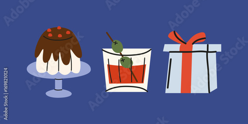 Christmas retro festive elements in flat style. Vintage alcoholic cocktails, cake, gift box. Winter vector hand drawn stickers in cartoon groovy style
