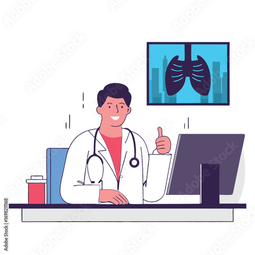Doctor reviewing x ray results on computer with thumbs up