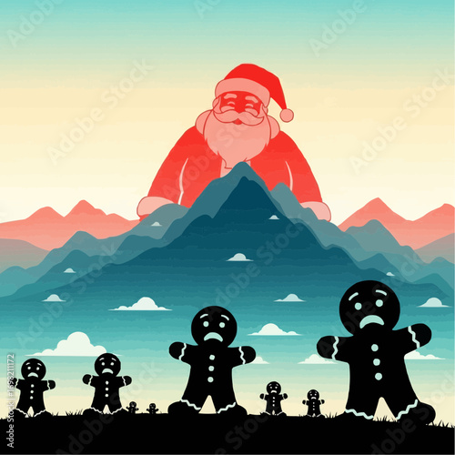 Surreal Gingerbread Men Scared of Giant Santa Silhouette