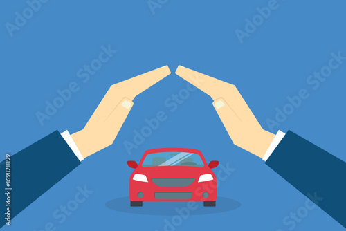 Car with a protective hands. For security concepts, protection of private property. Insurance, mortgage, credit.	