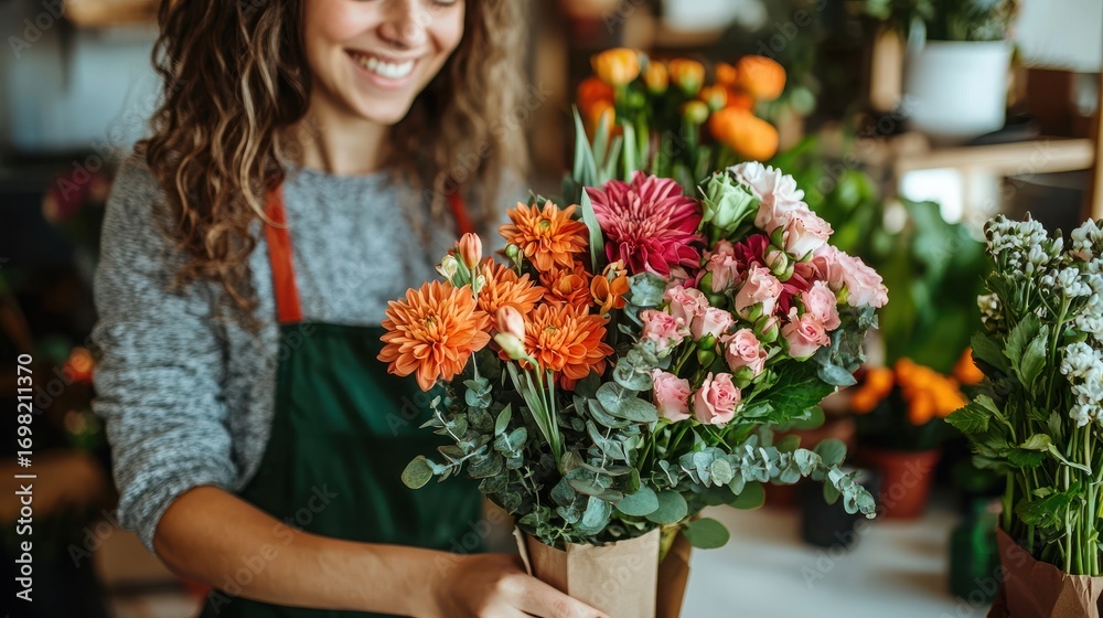 Fototapeta premium Joyful florist arranging vibrant bouquet in flower shop filled with natural beauty and fresh blooms for seasonal celebration