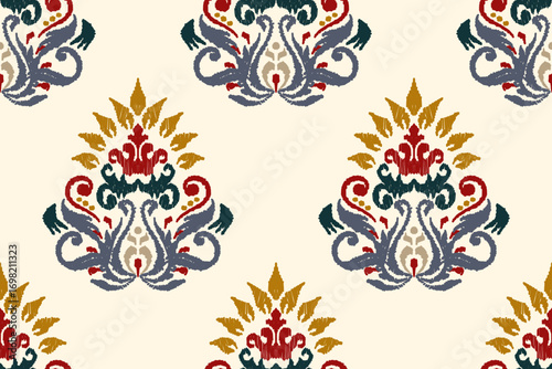 Ikat floral paisley embroidery on white background. Traditional ethnic ikat, aztec abstract vector pattern, seamless pattern in tribal, folk embroidery and mexican style.
