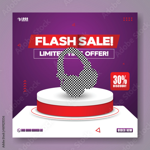 Dynamic flash sale announcement featuring stylish golden headphones on a pedestal with limited time offer and discount