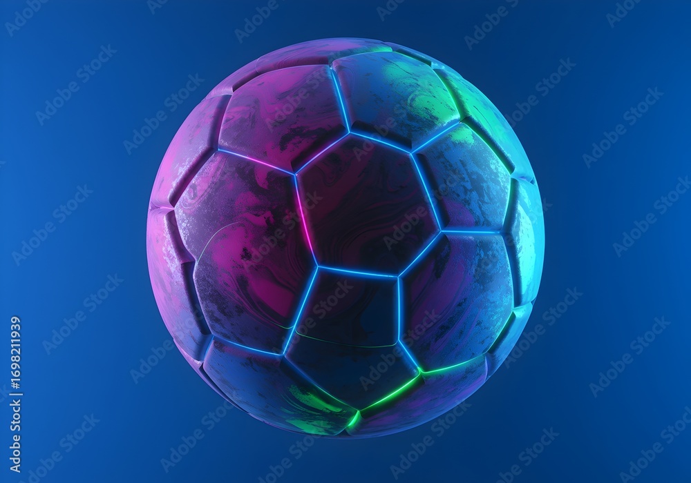 Naklejka premium Glowing futuristic soccer ball with purple and teal gradient colors on blue background for digital sports concepts