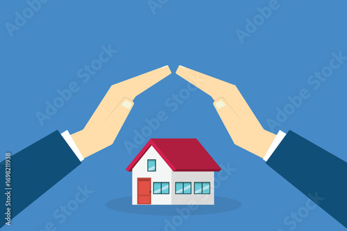 House with a protective hands. For security concepts, protection of private property. Insurance, mortgage, credit.	