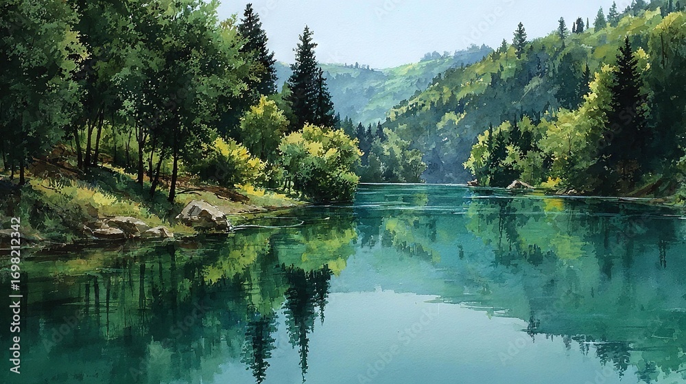 Obraz premium A river painting surrounded by trees on either side and a mountain in the background