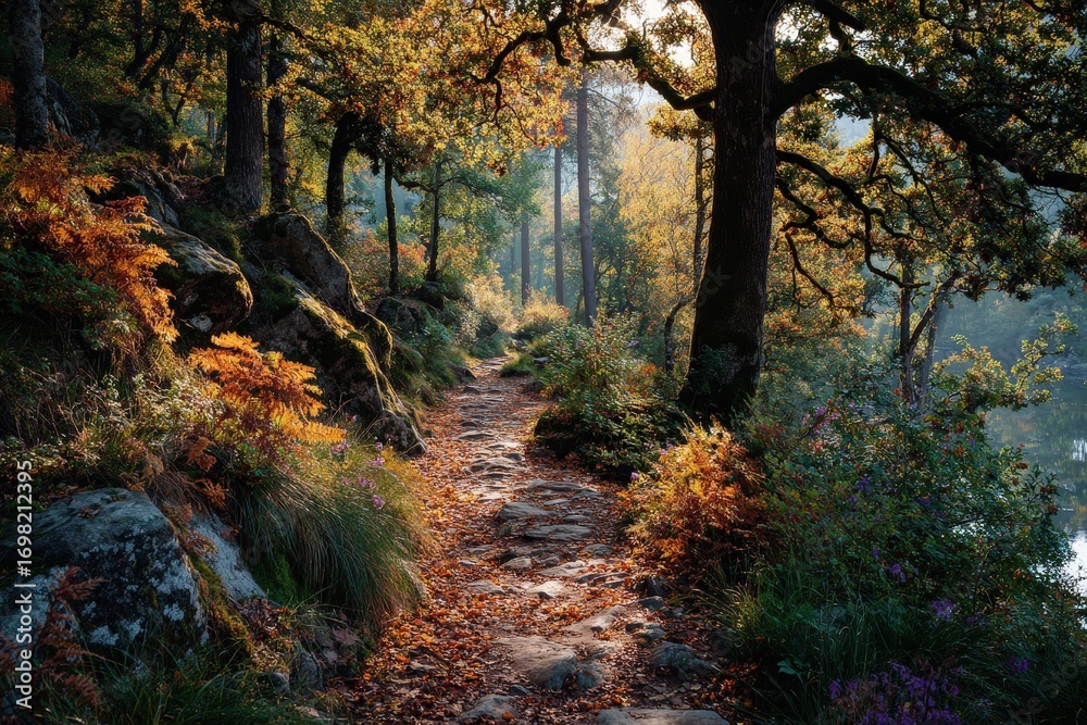 Fototapeta premium Path through autumn woods, golden leaves on ground, soft morning sunlight, tranquil nature view