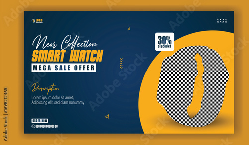 Modern smart watch with white strap displaying time on a dark blue background with yellow accent and sale offer
