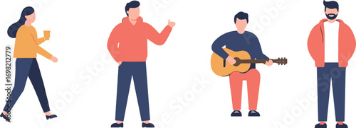 Flat vector illustration of people walking, standing, talking, playing guitar, casual lifestyle, modern characters, urban design, everyday activities, group