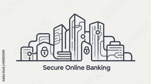 Digital Fortress: A visual embodiment of secure online banking, featuring a modern cityscape seamlessly integrated with secure elements and a digital landscape, conveying trust and financial safety.