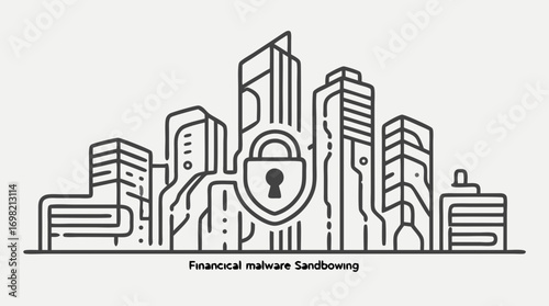 Cyber City Shield: Conceptual illustration of urban architecture intertwined with digital security, symbolizing the protection of infrastructure and data from cyber threats. 
