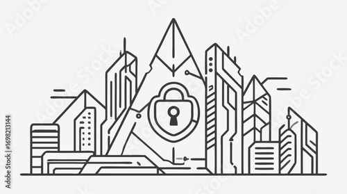 Cyber Security Cityscape: An innovative, line art illustration of a modern city skyline, cleverly integrated with a prominent padlock, symbolizing digital safety and protection in an urban setting.