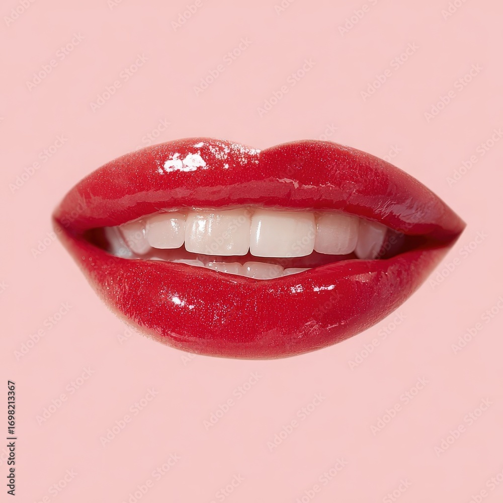 Obraz premium Close-up of glossy red lips with white teeth against a soft pink background. The lips are well-defined and shiny, showcasing a vibrant color.