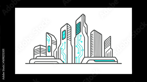Futuristic Cityscape: A vector illustration showcasing a futuristic city with stylized skyscrapers and a modern, tech-inspired design.