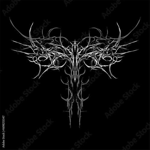 Abstract cyber tribal cross with wings vector in dark gothic style, perfect for tattoos, emo, posters, or digital artwork.