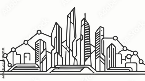 Abstract Cityscape Silhouette: A modern cityscape silhouette of towering skyscrapers, connected by an abstract network of lines and dots.
