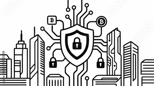 Cybersecurity Shield Over City: A striking graphic illustrating cyber security in the digital age, featuring a shield protecting a cityscape.